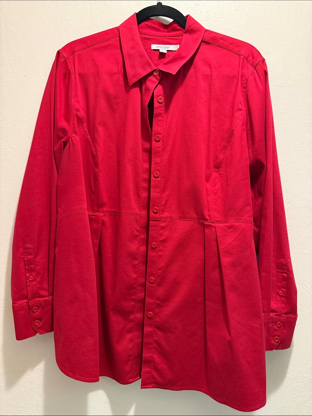 Chico’s No Iron Peplum Pleated Shirt Carmine Red Size 2.5 US 14 L